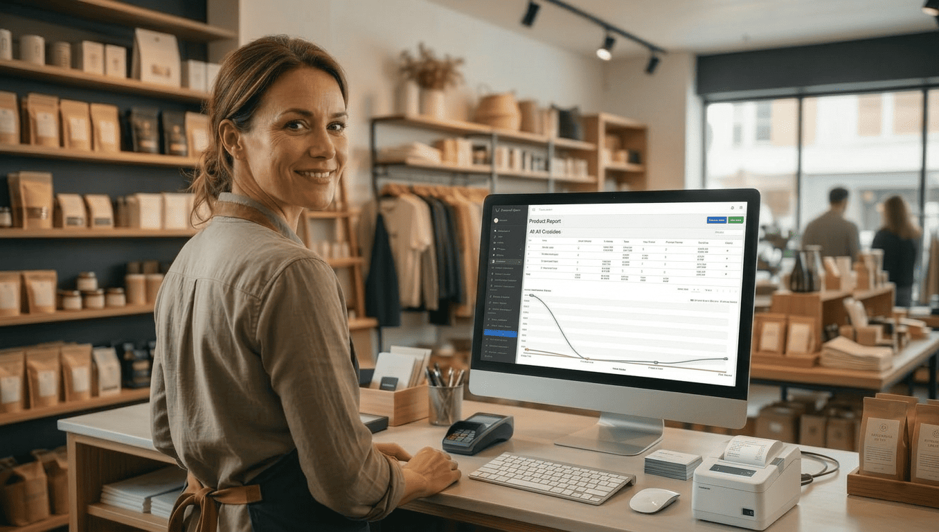 Business owner reviewing product reports and sales graphs on Pyramid POS