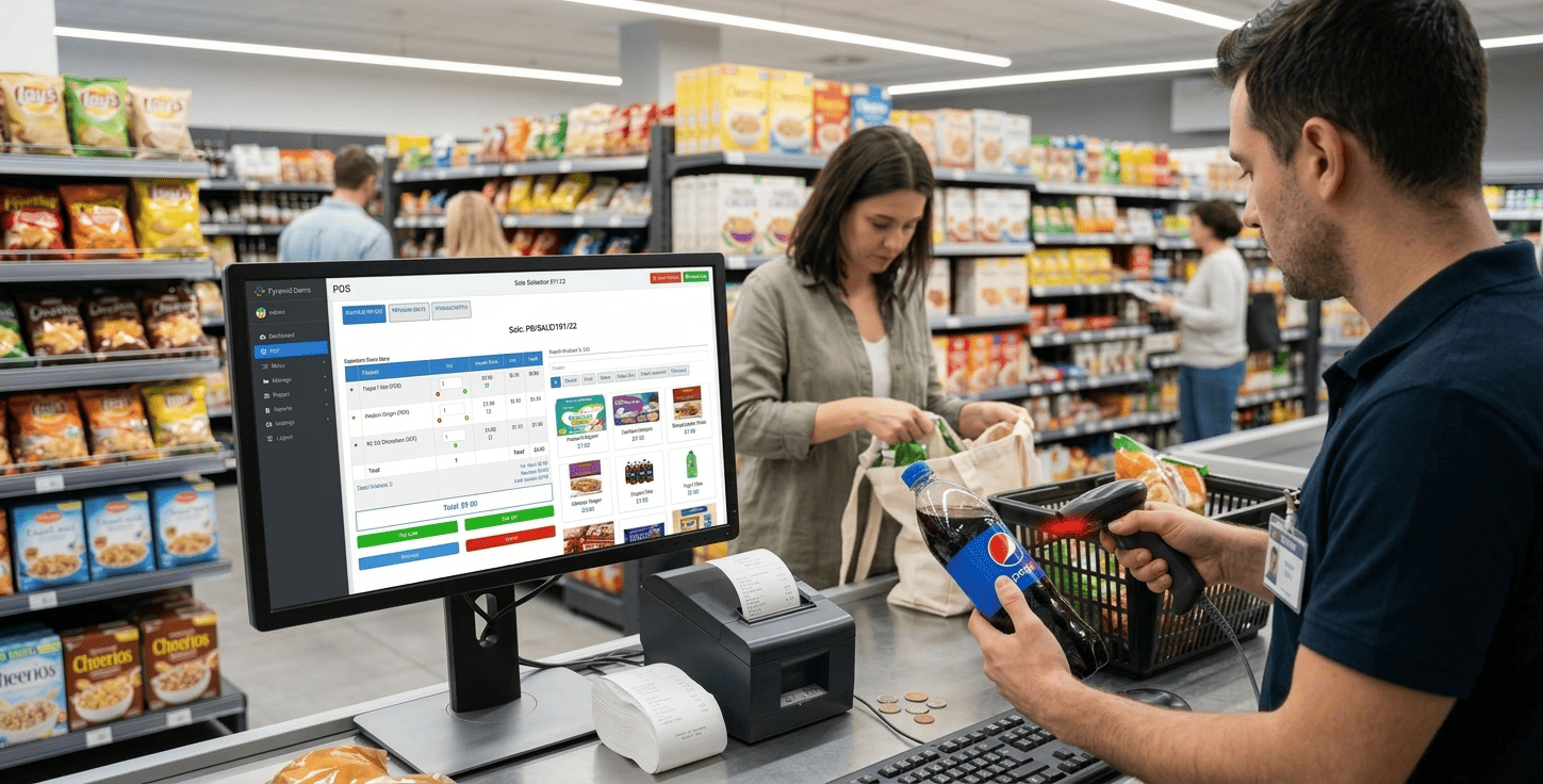Cashier scanning barcode at point of sale counter using Pyramid POS